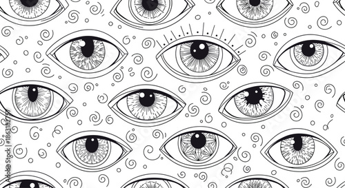 Intricate seamless pattern of detailed human eyes in black and white line art, surrounded by whimsical swirls and dots.