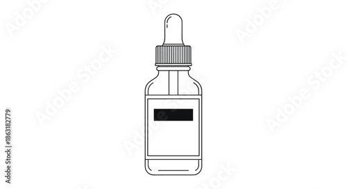 Minimalist line art illustration of a glass dropper bottle with a label designed for medical or beauty product presentation.
