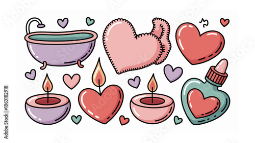 Love and Care: A collection of charming heart-shaped items, including candles, a bathtub, and essential oils, arranged to evoke feelings of warmth, love, and relaxation. 
