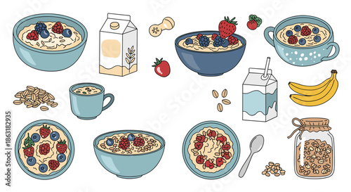 Comprehensive collection of healthy breakfast items including bowls of oatmeal porridge topped with fresh berries, milk, and bananas.