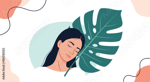 Serene woman with closed eyes leaning her face against a large green monstera leaf on a modern abstract background illustration.