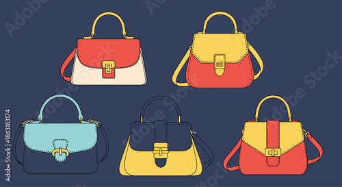 Five fashionable handbags in various color combinations like red, yellow, and blue displayed against a solid dark blue surface.
