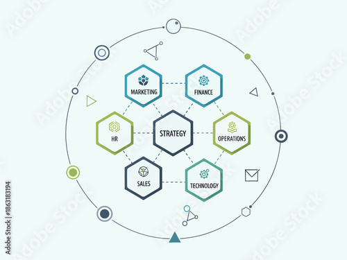 Strategic Business Management Model Illustrating Interconnected Organizational Departments and Core Functions in a Modern Hexagonal Diagram for Company Growth and Success