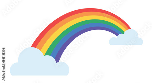 Colorful classic rainbow arch with seven stripes of color spanning between two fluffy white clouds on a plain white background.