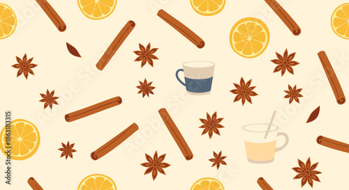 Winter spiced beverage pattern with cups of tea, cinnamon sticks, star anise, and orange slices on a soft cream colored background.