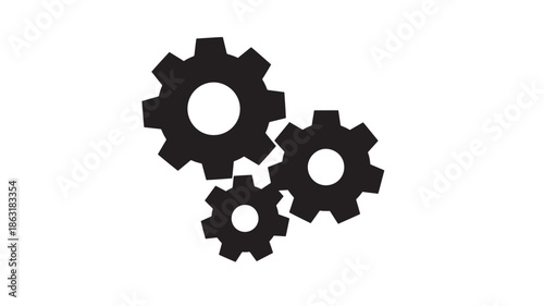Three interlocking black gear icons on white background, abstract vector cogs silhouettes, close-up of mechanical gears with shapes and solid fills
