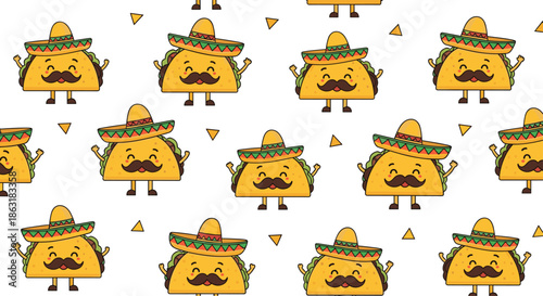 Seamless pattern with cute smiling taco characters wearing traditional sombreros and mustaches on a white festive background for fiesta.