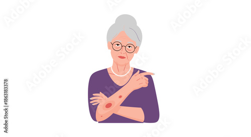 Concerned senior woman pointing to a red skin lesion on her arm showing importance of dermatological health checks for the elderly.