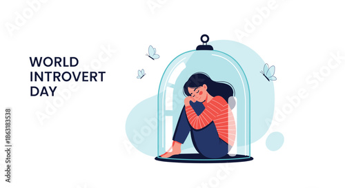 Woman sitting in a protective glass dome representing personal boundaries, isolation, and introversion for a World Introvert Day theme.