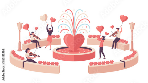 Romantic Melody Under the Hearts: In a whimsical illustration, a group of musicians play their violins around a heart-shaped fountain, balloons in the air, creating a symphony of love and romance. 