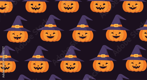 Fun halloween seamless pattern of carved jack o lanterns wearing purple witch hats over a dark background for party decor.