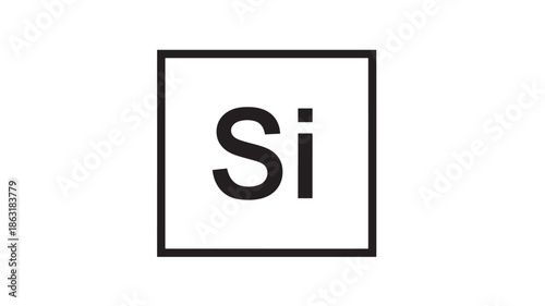 Minimalist silicon (Si) element symbol inside a bold square frame, black on white vector icon for chemistry, science education, and tech branding