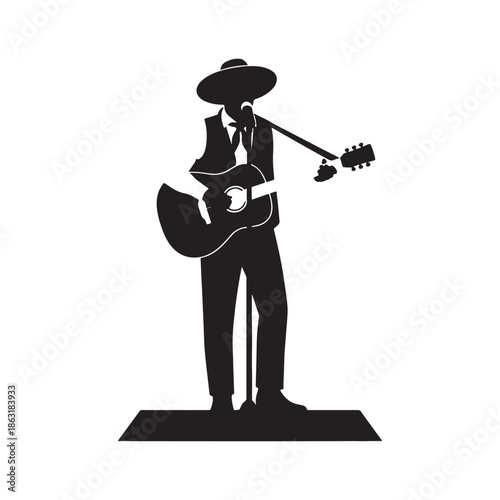 Male Guitarist with Hat and Microphone Performing Solo Silhouette