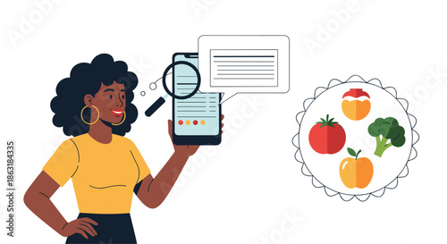 African American woman using a magnifying glass on her phone to research healthy food options like fruits and vegetables.