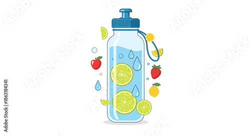 Reusable glass water bottle filled with refreshing lime slices and infused water surrounded by colorful floating fruit icons.