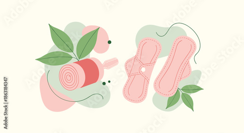 Sustainable feminine hygiene products featuring reusable cloth menstrual pads and tampon on an abstract artistic background with leaves.