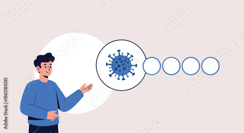 Young man in a blue shirt explaining virus transmission or vaccination steps while gesturing towards a coronavirus icon and empty circles.
