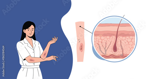 Female doctor in a white coat pointing to skin rashes on her arms next to a detailed cross section diagram of human skin.