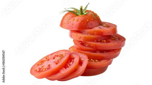 Freshly sliced tomatoes stacked with vibrant red color