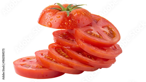 Fresh sliced tomatoes stacked with water droplets on transparent backgound