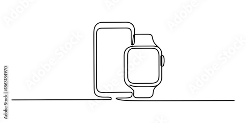 Continuous line art drawing of a modern smartphone and smartwatch illustrating connectivity Vector, illustration