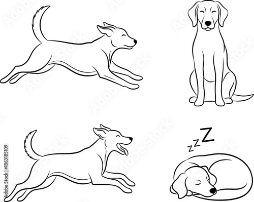 Dog illustration set of line art pets running and sleeping