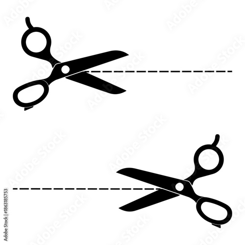Scissor, trim line icon. paper cut sign. Scissors cutting dotted lines isolated on white background. Tailor Scissors with Curved Cut Path