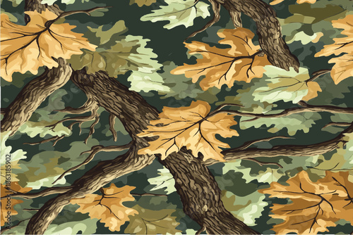 A seamless pattern of oak tree branches with leaves, a camouflage-like background. Vector illustration, vector art,  flat, flat shading, no gradients