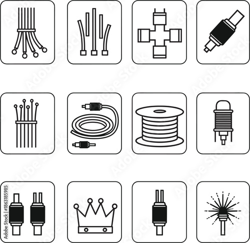 Electrical wiring and cable line icons set featuring wire bundles connectors spark plugs coils and electronic hardware components.