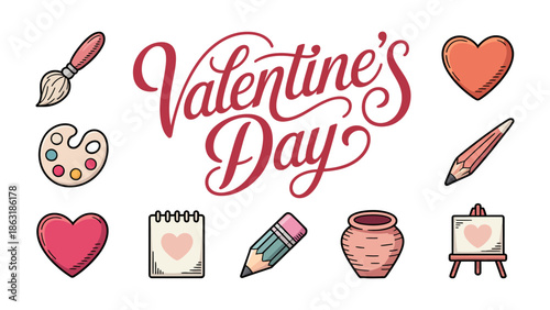 Valentine's Day Icon Set: A collection of charming Valentine's Day icons, perfect for conveying themes of love, creativity, and the joy of the holiday. Featuring hearts, artistic tools.