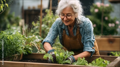 Older woman gardening in a garden during sunny day tending to fresh vegetables and herbs