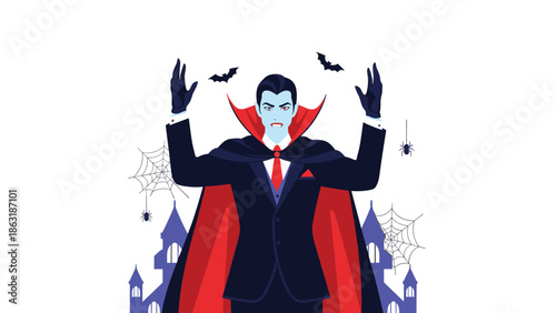 Spooky halloween illustration featuring a vampire in a formal suit with a cape standing before a gothic castle with bats and cobwebs.