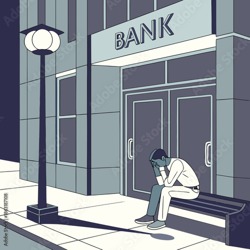 Man sitting on bench outside bank building with streetlight