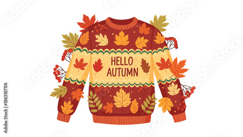 Cozy red and yellow patterned sweater decorated with autumn leaves and berries featuring the welcoming text hello autumn in the center.