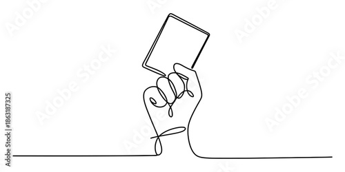 A hand holding up a blank card in a single line drawing Vector, illustration
