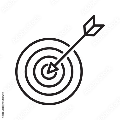 Target with arrow hitting bullseye center outline vector icon