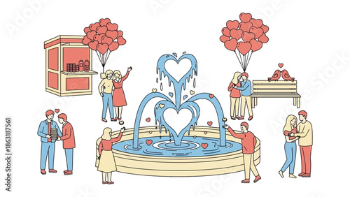Love in the City: Couples revel in the ambiance of a romantic park with heart-shaped fountain, embracing affection in a picturesque setting. 
