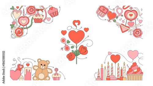 Sweet Romance Corner Decorations: A collection of charming corner designs featuring hearts, sweets, teddy bears, and candles, perfect for adding a touch of sweetness and romance to any project. 