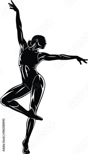 A dancer strikes a dynamic pose with extended arms and flowing lines, embodying grace. The solid background enhances the figure’s silhouette, emphasizing movement and artistry vector art black an