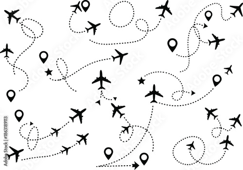 Aircraft tracking line path. Dotted airplane route vector for travel infographic 