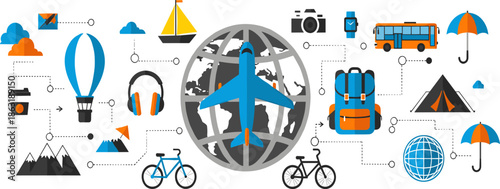 Travel adventure, global exploration, vacation icons, airplane, sailboat, backpack, camera, hot air balloon, mountain, tent, colorful illustration, dotted path