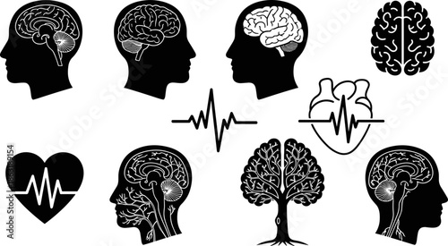 Brain anatomy, nervous system, heart health, medical illustration, neural pathways, heartbeat line, human head profile, black white vector, educational concept