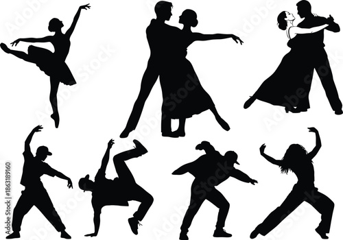 Ballet Dancer Silhouette Collection Vector Illustration,Black and white vector silhouette of couple dancing,set of men and women street dancers in silhouette, Set of black solid people dancing black 