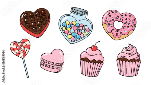 Sweet Treats Collection: A delightful assortment of delicious, heart-shaped confections, from a delectable chocolate wafer to a sugary donut, representing sweetness, joy, and indulgence.