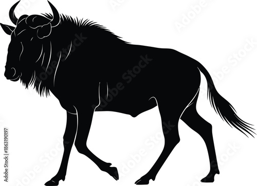 black Wildebeest vector silhouette on white background 