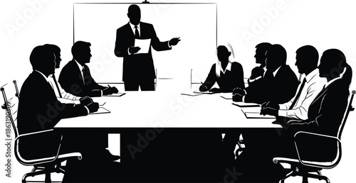 Business people having meeting or conference. Coworkers sitting at the table silhouette vector illustration. ,Vector illustration black and white on white background 