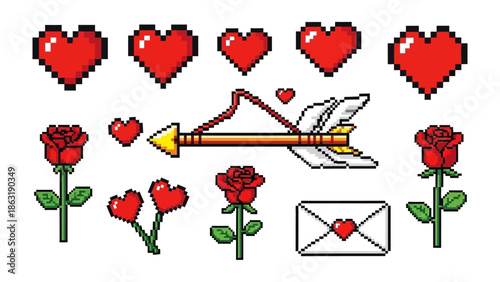 Pixelated Valentine's Day: A collection of pixel art symbols representing love and affection, featuring hearts, roses, and an arrow, all conveying the spirit of Valentine's Day.