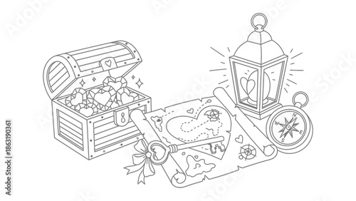 Treasure Map and Hidden Heart Treasure: An enchanting line art illustration presents a vintage treasure map, leading to a hidden chest brimming with heart-shaped gems.