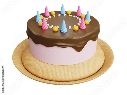 3D Rendered Celebration Birthday Cake with Chocolate Drizzle and Colorful Toppers, Ready for Party. Isolated PNG Cutout Dessert on Transparent Background.