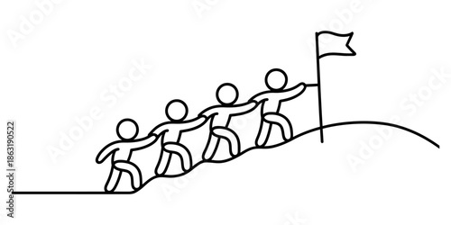 Teamwork concept with stick figures climbing a hill together to reach a flag Vector, illustration